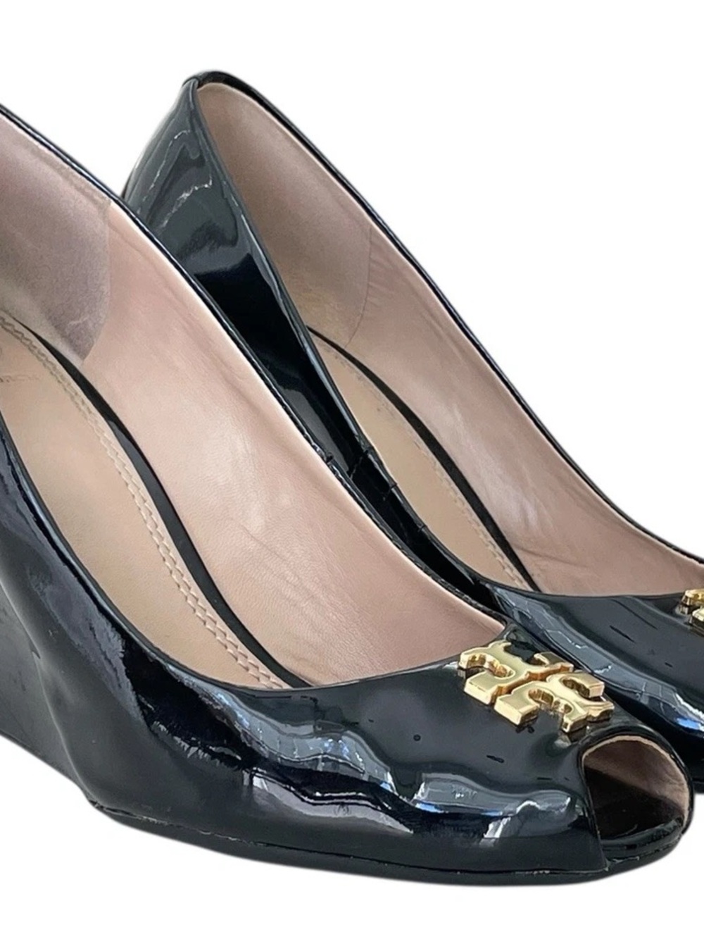 Tory Burch Black Patent Leather Peep-Toe Wedge with Gold Logo - Picture 14 of 15